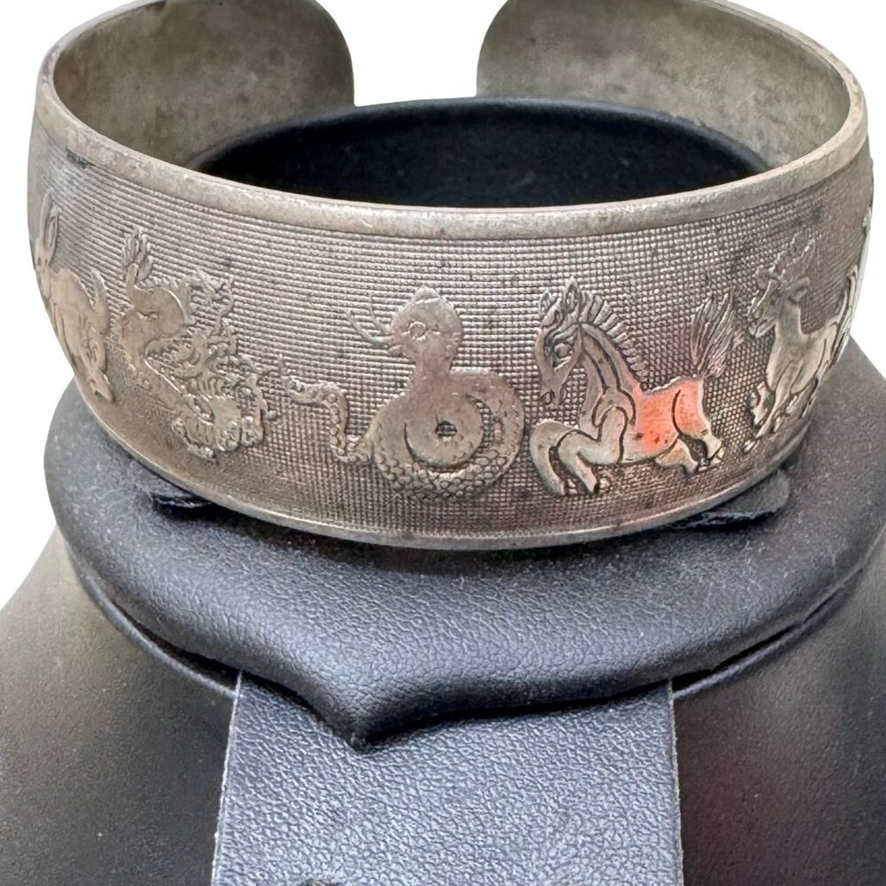 Vintage Tibetan Silver Tone Zodiac Animal Etched Cuff Bracelet Boho Astrological